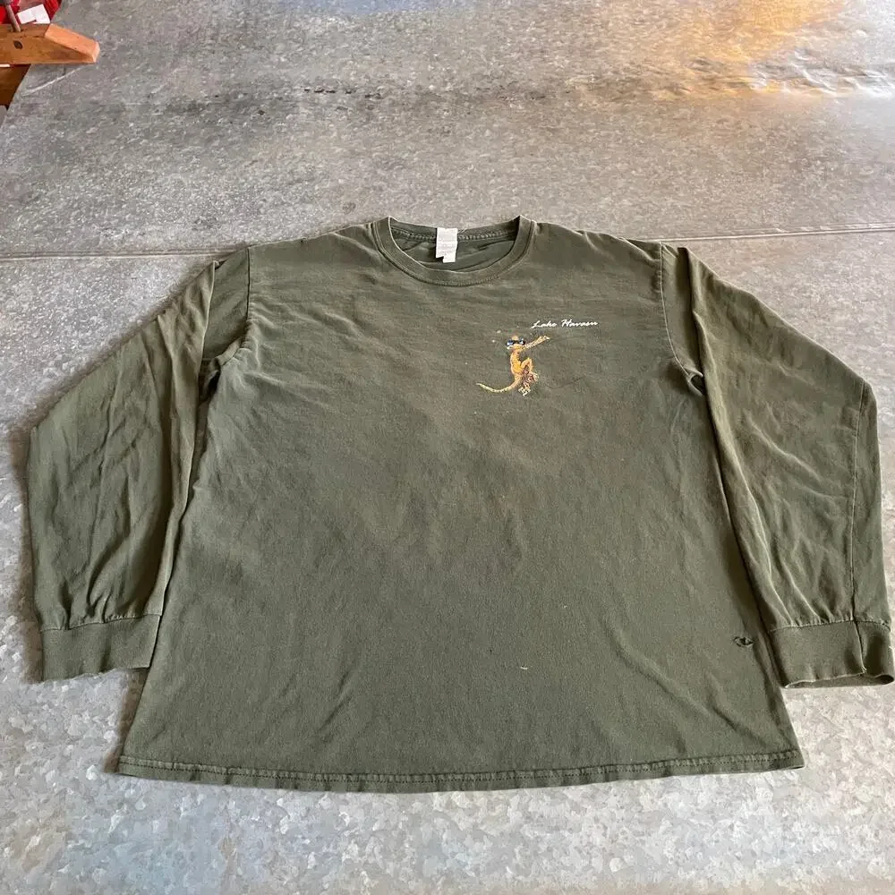 Lake Havasu Gecko Lizard Long Sleeve Shirt Mens Large Vintage Y2K Green Grunge